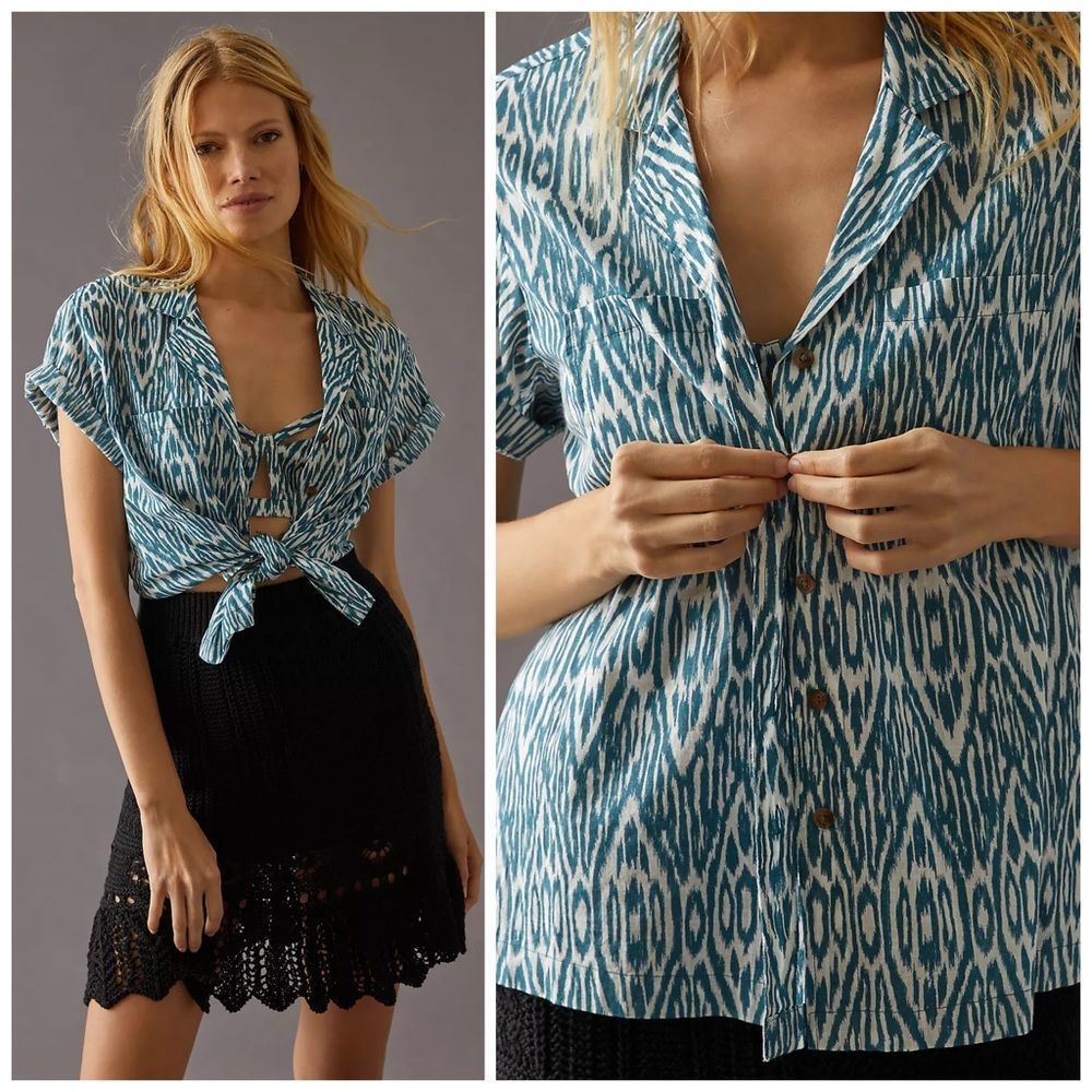 Anthropologie Pilcro Blue Ikat Printed Voile Surf Shirt NWT Size Medium